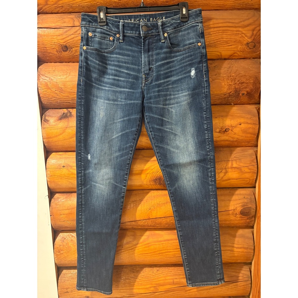 American Eagle Airflex+ Temp Tech Slim Jeans Dark Wash Distressed Mens 31x29 - Picture 1 of 10